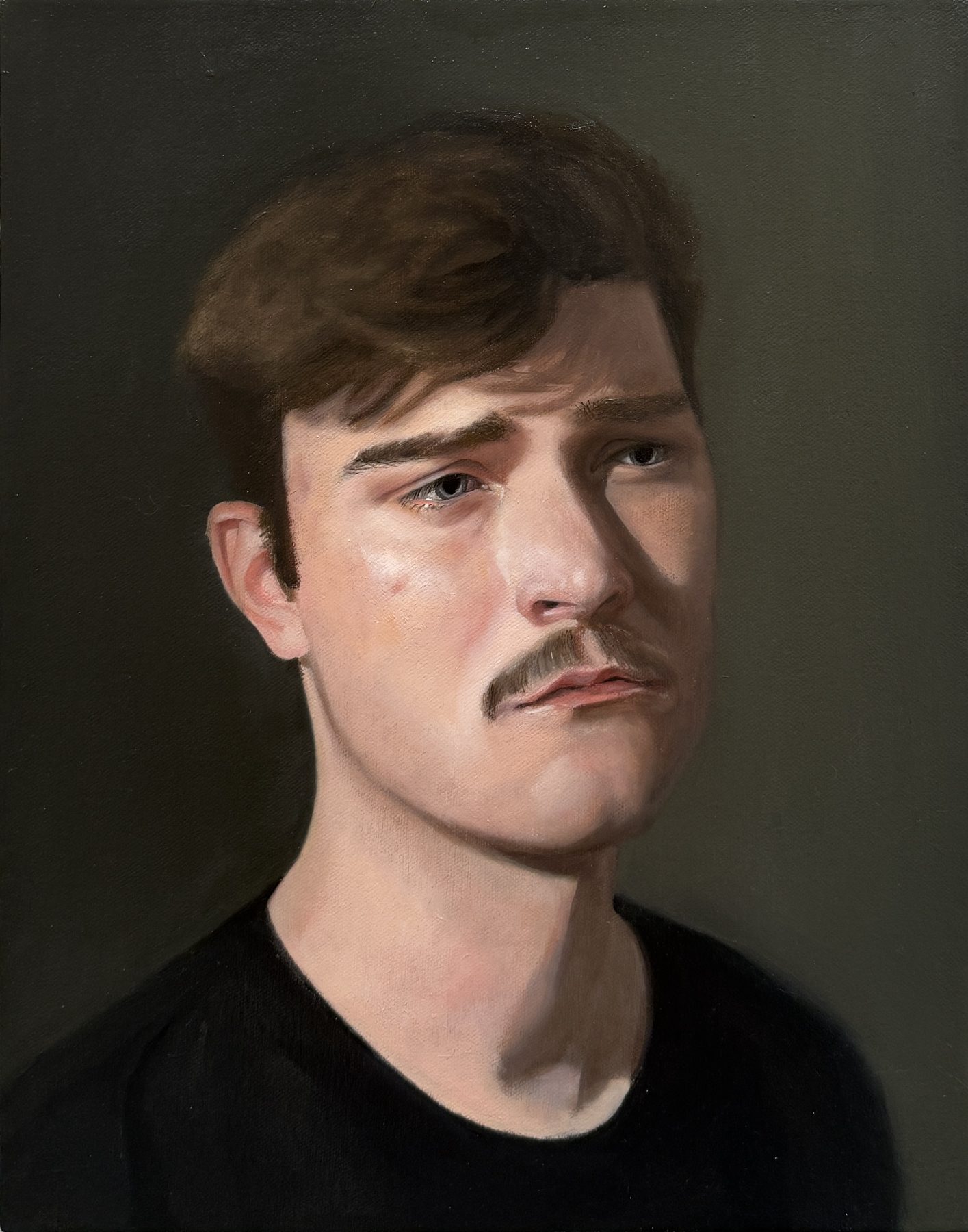 Oil portrait of a young man with brown hair and a moustache, brow furrowed, against a dark olive background.